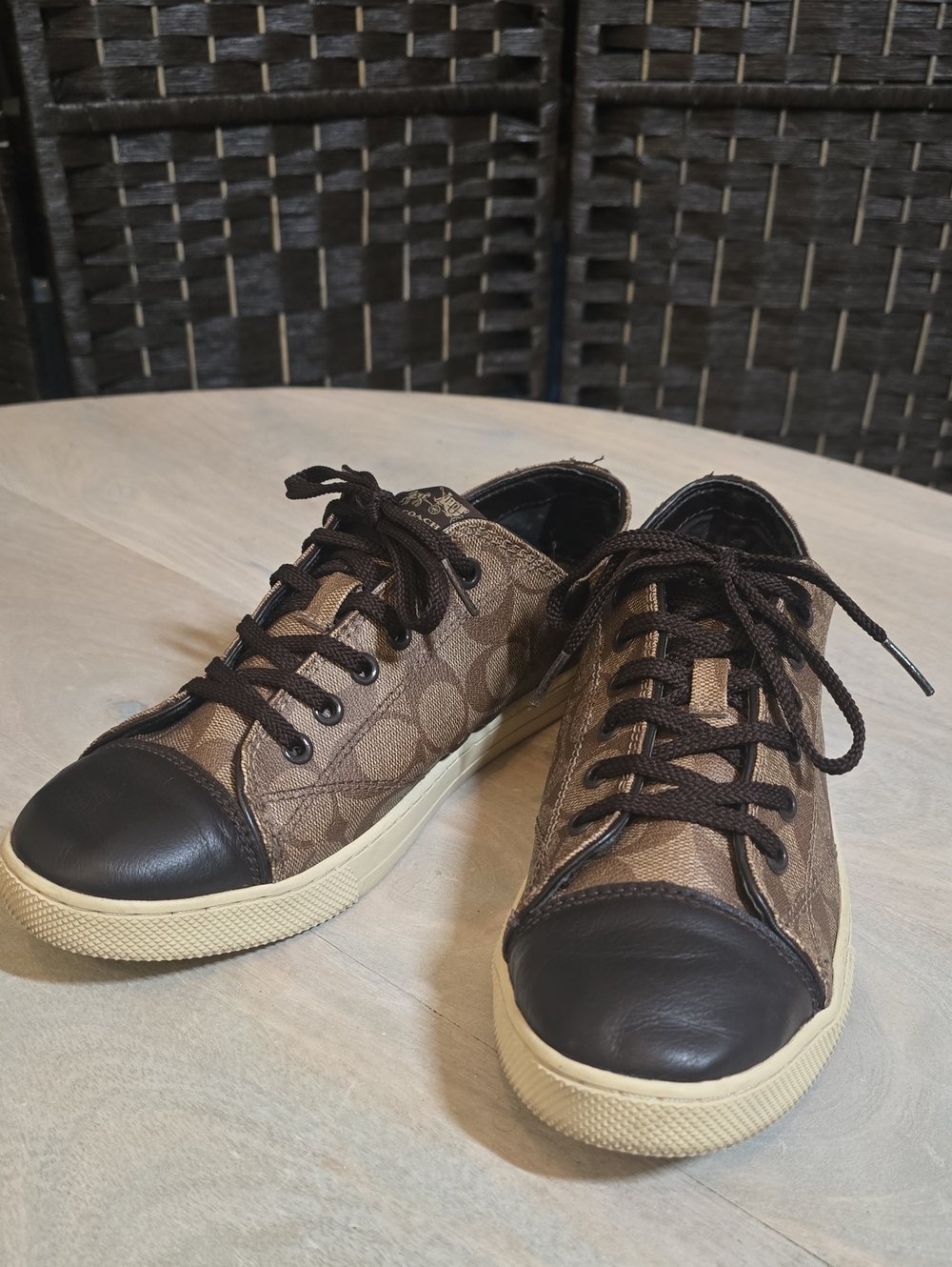 COACH Parkway Signature Monogram Low Top Sneakers Khaki Chestnut Q6733 Size 10B